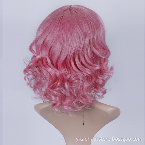 Wholesale chemical fiber pink wavy bangs wig women's synthetic short hair wig neon pink suitable for daily Cosply party use